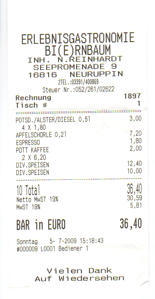 Quittung Erlebenisgastronomie Bier(n)baum Neuruppin